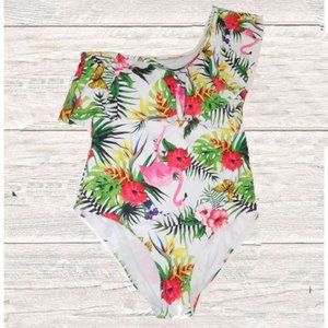 WHITE PRINT ONE SHOULDER RUFFLED ONE PIECE SWIMSUIT